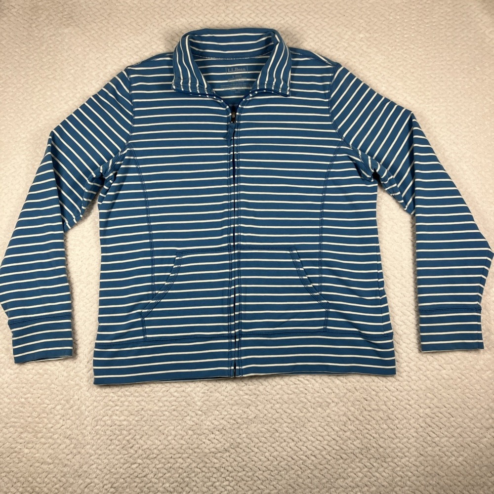 LL Bean Full‎ Zip Jacket Wmn Large Blue Striped Coastal Nautical Outdoor Stretch